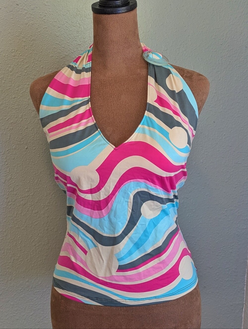 Bari Multicolor Swirl Halter Tank with Pink & Aqua Accents
